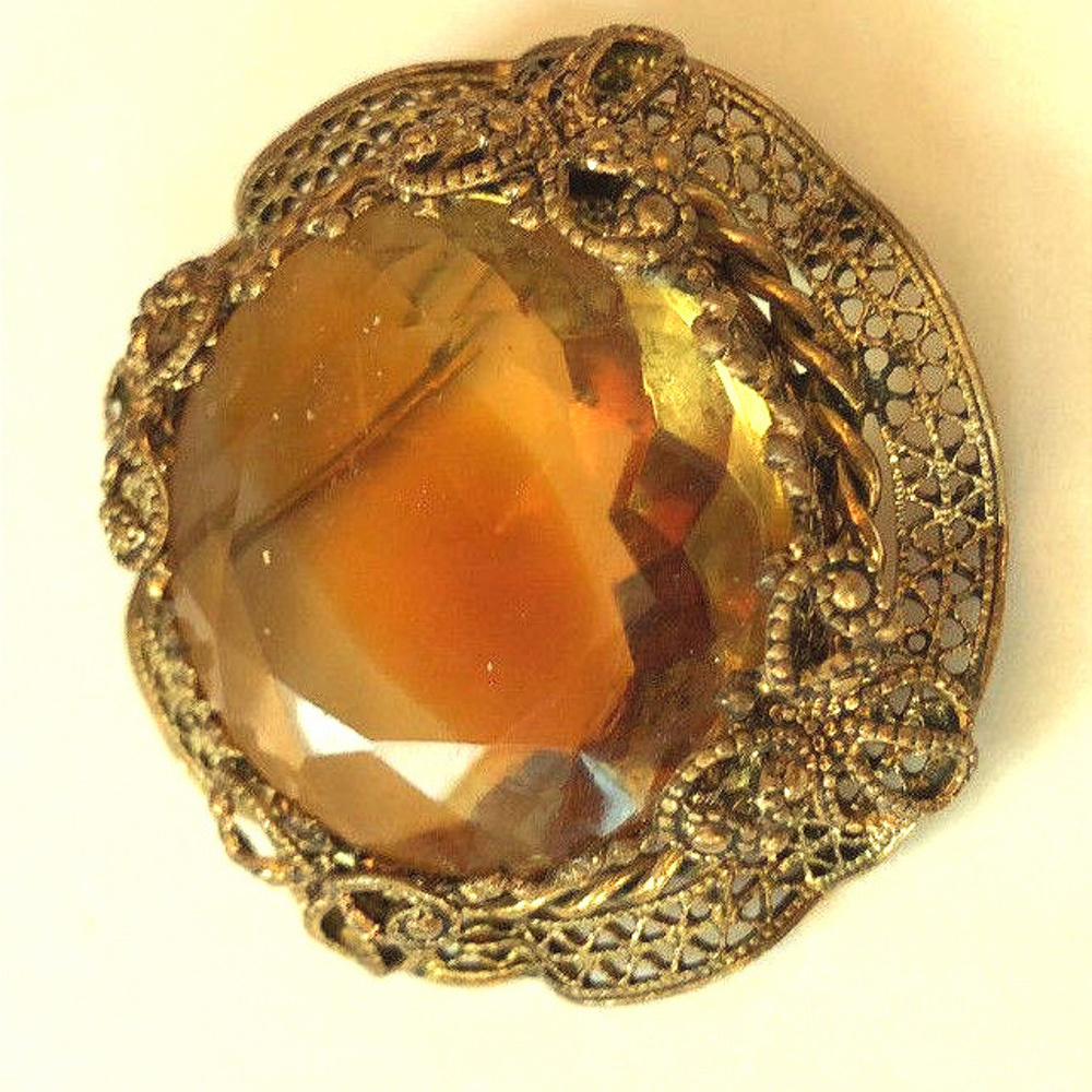 German Pin Brooch C clasp Goldtone Amber Filigree